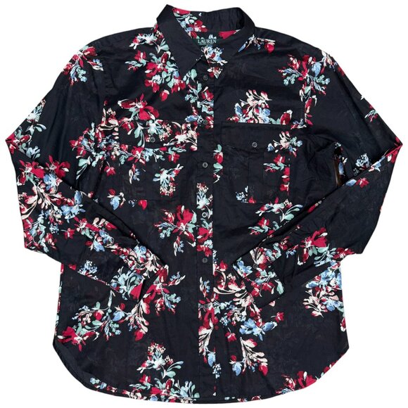 EUC Women's LAUREN RALPH LAUREN Dobby Blouse Floral Button Up Shirt | Size L - Picture 1 of 11